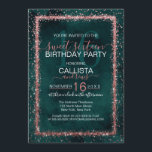 Invitation Emerald Rose Gold Sprinkled Confetti Sweet 16<br><div class="desc">L'invitation à la fête d'anniversaire élégante, glamour et moderne en sweet sixteen est parfaite pour l'événement contemporain et élégant. Il est doté d'une parties scintillant brillante en or rose rose imitation imprimée, arrosée de confettis, sur le dessus d'un arrière - plan d'aquarelle vert émeraude. L'arrière affiche la même parties scintillant...</div>