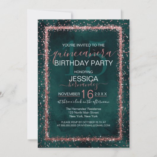 Invitation Emerald Rose Gold Sprinted Confetti Quinceañera (Devant)