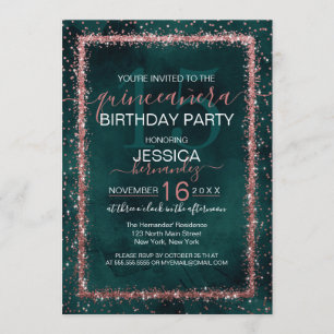 Invitation Emerald Rose Gold Sprinted Confetti Quinceañera