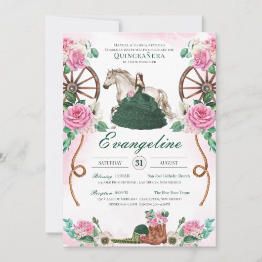 Invitation Emerald Rose rose Rustique Charro Quinceañera (Devant)