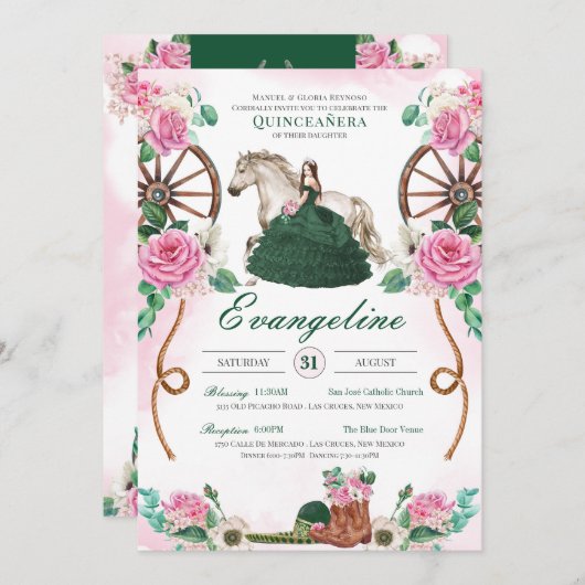 Invitation Emerald Rose rose Rustique Charro Quinceañera (Devant / Derrière)
