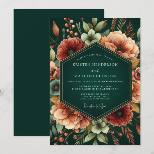 Invitation Emerald Rust Autumnal Wedding (Devant / Derrière)