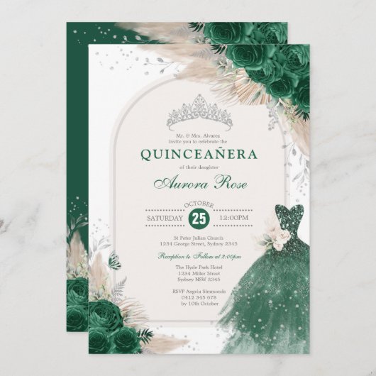 Invitation Emerald Silver Boho Rose Princesse Quinceañera (Devant / Derrière)