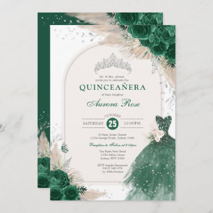 Invitation Emerald Silver Boho Rose Princesse Quinceañera