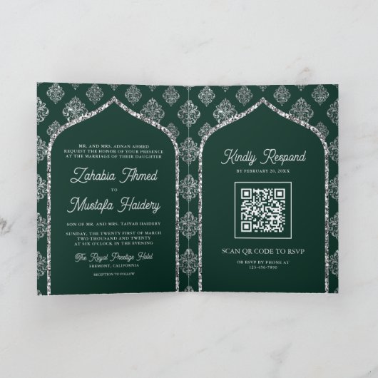 Invitation Emerald Silver Damask Arch QR Code Mariage musulma (Intérieur)