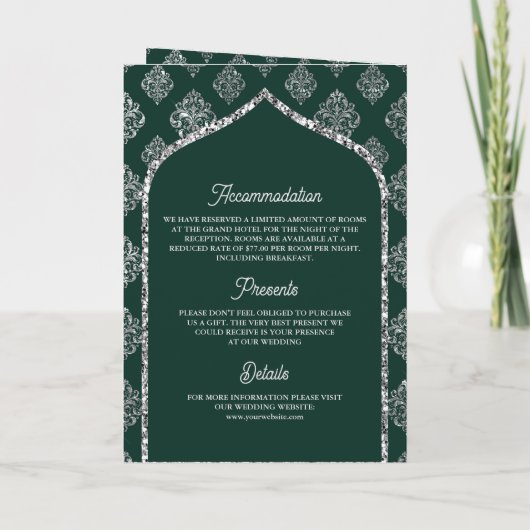 Invitation Emerald Silver Damask Arch QR Code Mariage musulma (Dos)