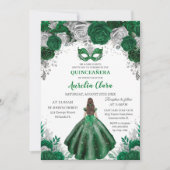 Invitation Emerald Silver Floral Masquerade Ball Quinceañera (Devant)