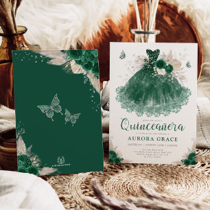 Invitation Emerald Silver Floral Quinceañera robe Mis Quince