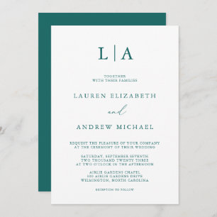 Invitation Emerald Turquoise Monogramme minimaliste Mariage I