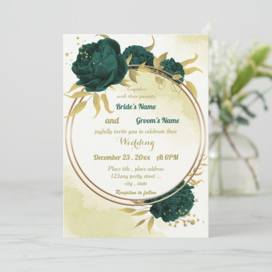 Invitation Emerald vert fleurs or feuille mariage (Debout devant)