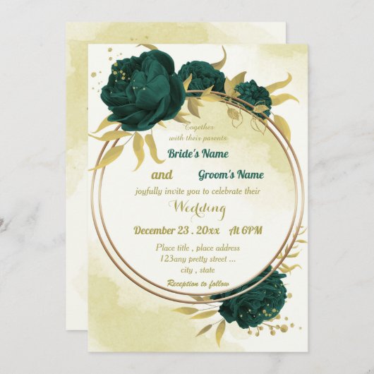 Invitation Emerald vert fleurs or feuille mariage (Devant / Derrière)