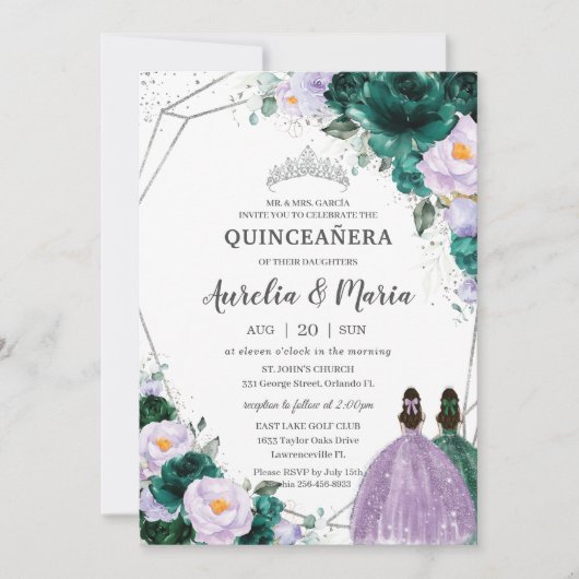 Invitation Emerald Violet Floral Twins Quinceañera Silver (Devant)