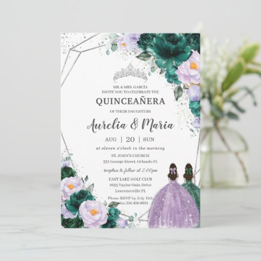 Invitation Emerald Violet Floral Twins Quinceañera Silver (Debout devant)