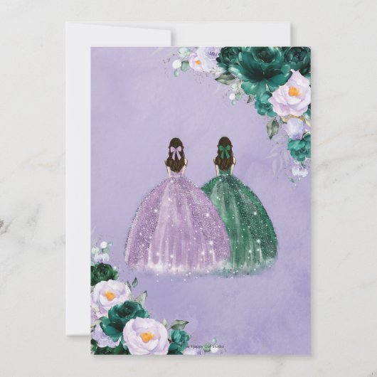 Invitation Emerald Violet Floral Twins Quinceañera Silver (Dos)