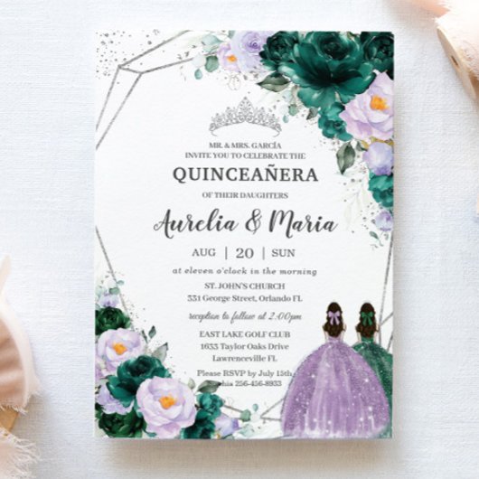 Invitation Emerald Violet Floral Twins Quinceañera Silver