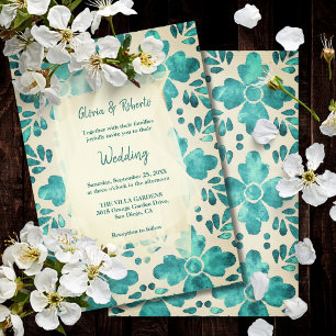 Invitation Emerald Watercolor Floral Mosaic Mariage mexicain