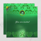 Invitation ÉMERALDE DAMASSÉ MONOGRAMME PIERRE PRÉCIEUSE verte (Devant / Derrière)