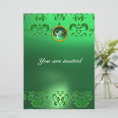 Invitation ÉMERALDE DAMASSÉ MONOGRAMME PIERRE PRÉCIEUSE verte (Debout devant)