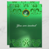 Invitation ÉMERALDE DAMASSÉ MONOGRAMME PIERRE PRÉCIEUSE verte (Devant / Derrière)