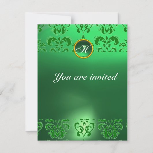 Invitation ÉMERALDE DAMASSÉ PIERRE PRÉCIEUSE MONOGRAMME vert (Devant)