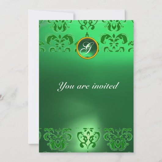 Invitation ÉMERALDE DAMASSÉ PIERRE PRÉCIEUSE MONOGRAMME vert (Devant)