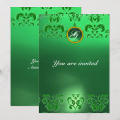 Invitation ÉMERALDE DAMASSÉ PIERRE PRÉCIEUSE MONOGRAMME vert (Devant / Derrière)
