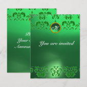 Invitation ÉMERALDE MONOGRAMME PIERRE PRÉCIEUSE DAMASSÉE vert (Devant / Derrière)
