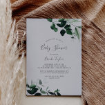 Invitation Émeraude | Baby shower gris<br><div class="desc">Cette invitation au baby shower vert émeraude gris est parfaite pour un baby shower boho. Le design élégant et rustique présente des feuilles d'aquarelle vert foncé moody et des eucalyptus aux tons bohèmes modernes.</div>