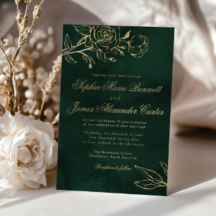 Invitation Émeraude botanique et or mariage élégant