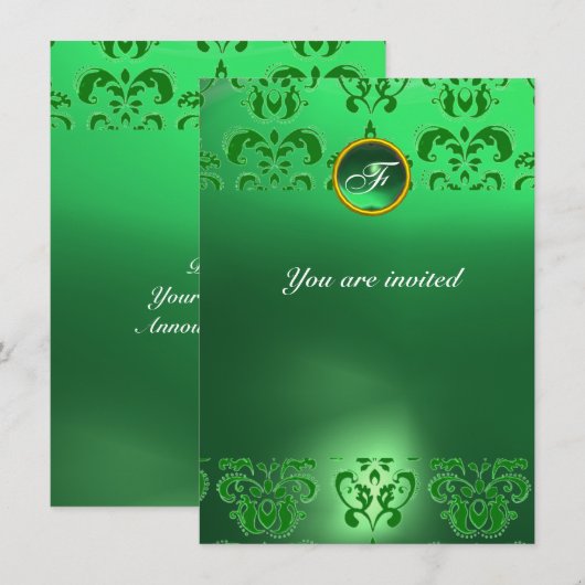 Invitation ÉMERAUDE DAMASSÉ PIERRE PRÉCIEUSE MONOGRAMME vert (Devant / Derrière)