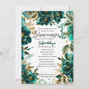 Invitation Émeraude et Or Quinceanera et Messe