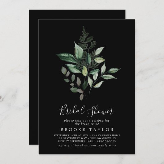 Invitation Émeraude | Fête des mariées noire (Devant / Derrière)