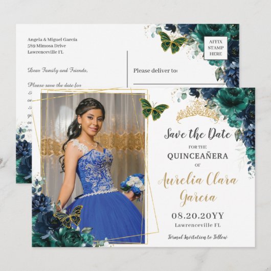 Invitation Émeraude Marine Fleurs Quinceañera Save the Date P (Devant / Derrière)