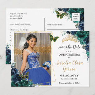 Invitation Émeraude Navy Floral Quinceañera Photo Enregistrer