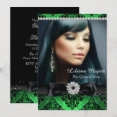 Invitation Emeraude Noir Diamant Arc et Damassé Quinceanera (Devant / Derrière)
