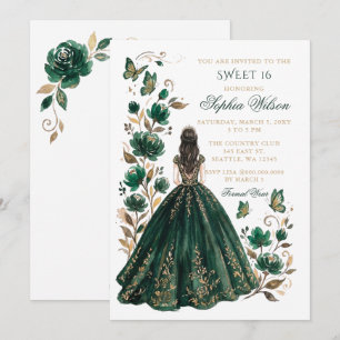 Invitation Emeraude Or Fleur Papillon Princesse Douce 16