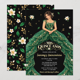 Invitation Émeraude Quinceañera Florale Or