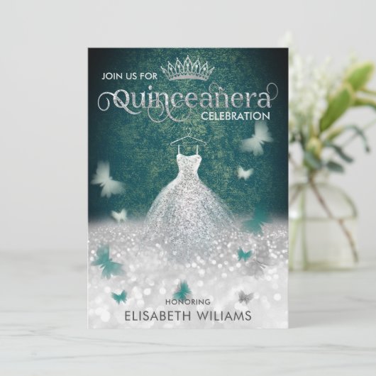 Invitation Émeraude Vert argent parties scintillant robe papi (Debout devant)