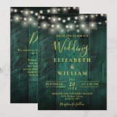 Invitation Émeraude Vert Chaîne de bois Lumières Code QR Mari (Devant / Derrière)