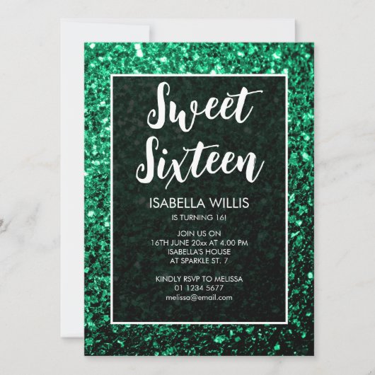Invitation Émeraude vert émeraude Sweet 16 élégant script (Devant)