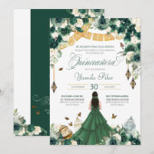 Invitation Émeraude Vert Floral Papillon Élégant Quinceanera (Devant / Derrière)