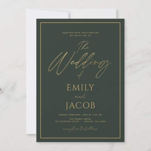 Invitation Émeraude Vert Mariage Or Script moderne (Devant)