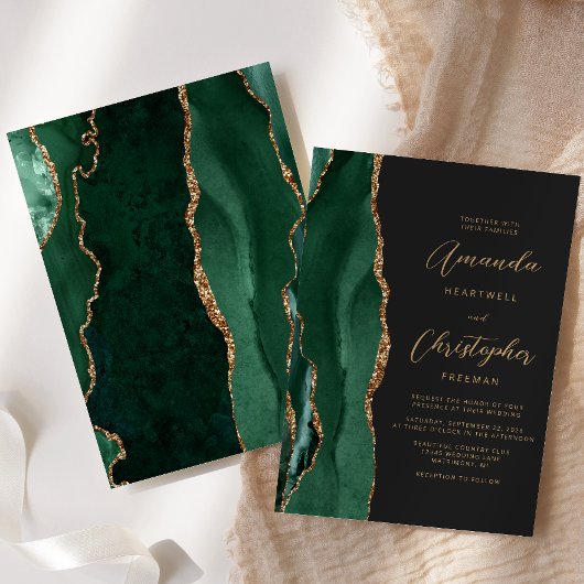Invitation Émeraude Vert or chic Agate Script Mariage foncé