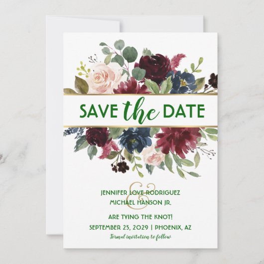 Invitation Émeraude Vert Or Merlot Navy Boho Save the Date (Devant)