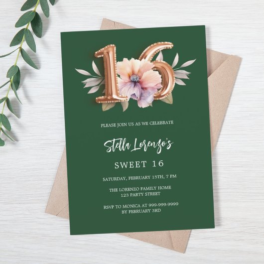 Invitation Émeraude vert rose or pêche floral Sweet 16