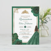 Invitation Émeraude Vert Roses en Or Blanc Quinceanera Royale (Debout devant)