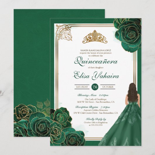 Invitation Émeraude Vert Roses en Or Blanc Quinceanera Royale (Devant / Derrière)