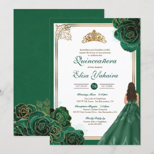 Invitation Émeraude Vert Roses en Or Blanc Quinceanera Royale