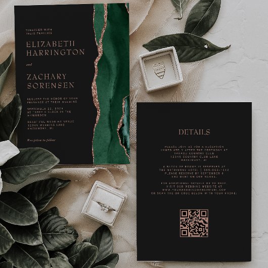 Invitation Émeraude Verte Agate Rose Or QR Code Mariage