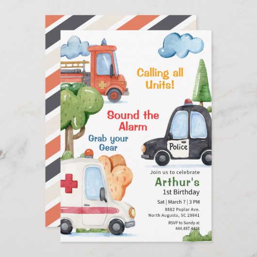 Invitation Emergency Vehicles Any Age Birthday (Devant / Derrière)